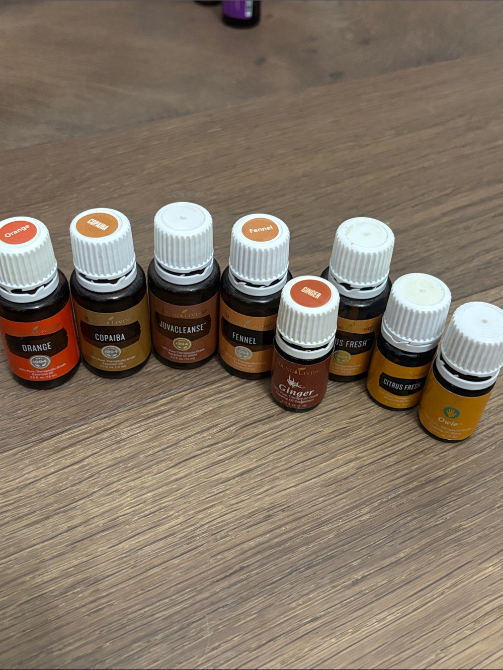 8 YOUNG LIVING ORANGE BROWN YELLIW LABEL LOT OF OPEN BOTTLES